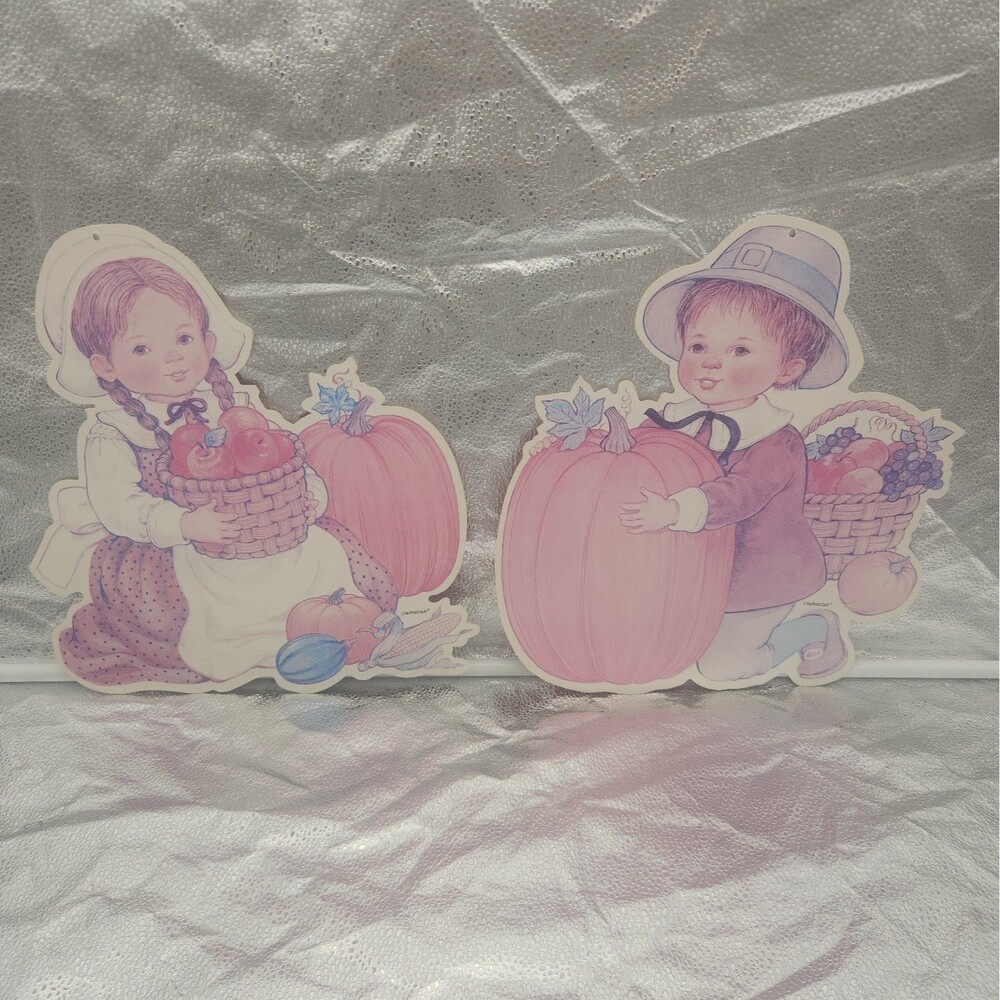 Die Cut Thanksgiving 2 Pilgrim Children VINTAGE Hanging Decoration Amscan 70s